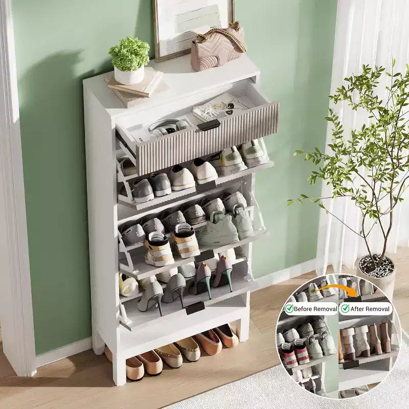 Farmhouse Fluted Shoe Storage Cabinet with 3 Flip Drawers, Slim Freestanding Narrow Shoe Organizer with Metal Legs