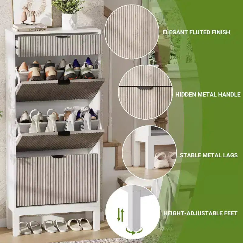 Farmhouse Fluted Shoe Storage Cabinet with 3 Flip Drawers, Slim Freestanding Narrow Shoe Organizer with Metal Legs