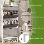 Farmhouse Fluted Shoe Storage Cabinet with 3 Flip Drawers, Slim Freestanding Narrow Shoe Organizer with Metal Legs
