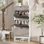 Farmhouse Fluted Shoe Storage Cabinet with 3 Flip Drawers, Slim Freestanding Narrow Shoe Organizer with Metal Legs