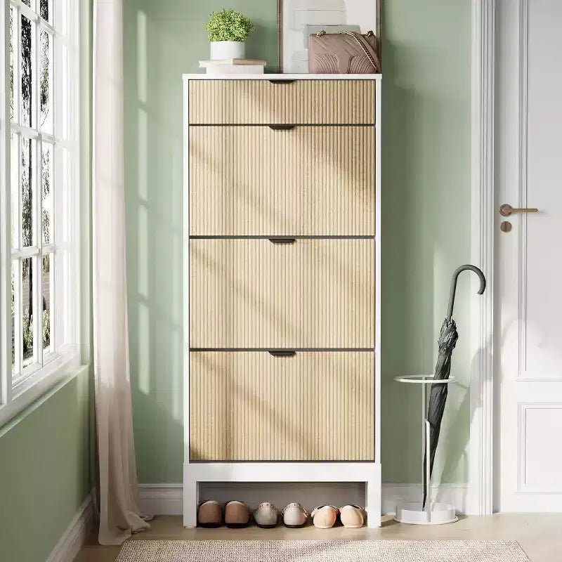 Farmhouse Fluted Shoe Storage Cabinet with 3 Flip Drawers, Slim Freestanding Narrow Shoe Organizer with Metal Legs