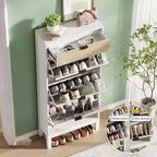Farmhouse Fluted Shoe Storage Cabinet with 3 Flip Drawers, Slim Freestanding Narrow Shoe Organizer with Metal Legs