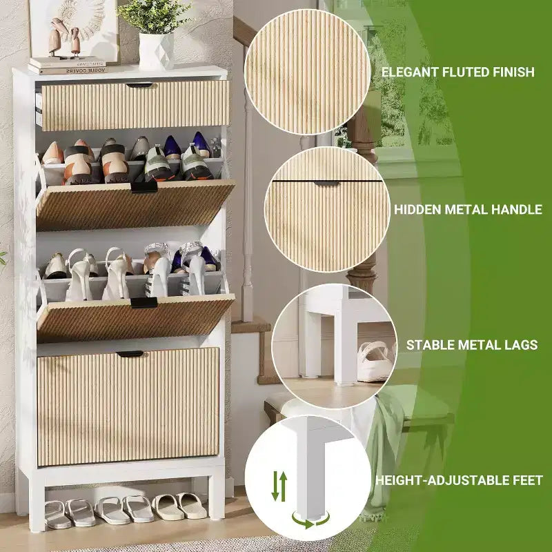 Farmhouse Fluted Shoe Storage Cabinet with 3 Flip Drawers, Slim Freestanding Narrow Shoe Organizer with Metal Legs