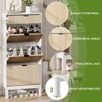 Farmhouse Fluted Shoe Storage Cabinet with 3 Flip Drawers, Slim Freestanding Narrow Shoe Organizer with Metal Legs