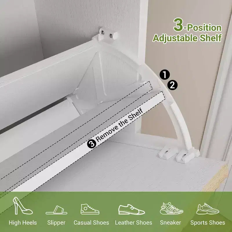 Farmhouse Fluted Shoe Storage Cabinet with 3 Flip Drawers, Slim Freestanding Narrow Shoe Organizer with Metal Legs