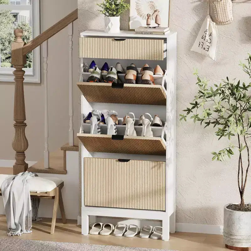 Farmhouse Fluted Shoe Storage Cabinet with 3 Flip Drawers, Slim Freestanding Narrow Shoe Organizer with Metal Legs
