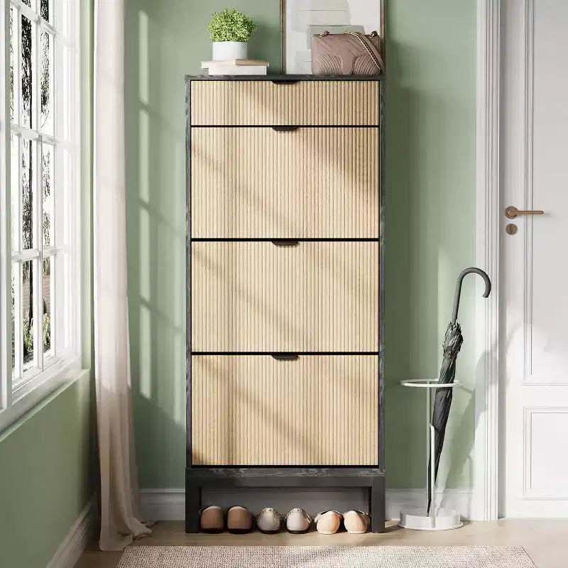 Farmhouse Fluted Shoe Storage Cabinet with 3 Flip Drawers, Slim Freestanding Narrow Shoe Organizer with Metal Legs