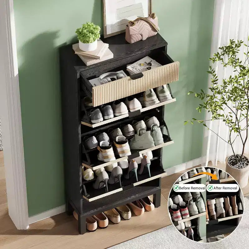 Farmhouse Fluted Shoe Storage Cabinet with 3 Flip Drawers, Slim Freestanding Narrow Shoe Organizer with Metal Legs