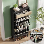 Farmhouse Fluted Shoe Storage Cabinet with 3 Flip Drawers, Slim Freestanding Narrow Shoe Organizer with Metal Legs