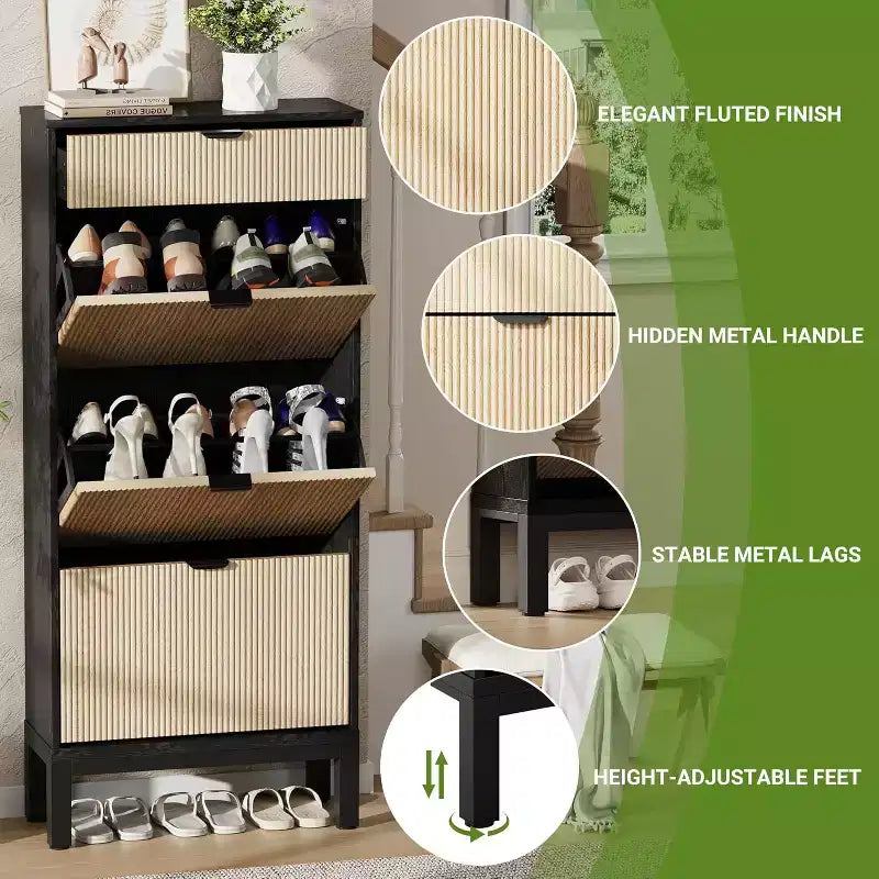 Farmhouse Fluted Shoe Storage Cabinet with 3 Flip Drawers, Slim Freestanding Narrow Shoe Organizer with Metal Legs