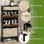 Farmhouse Fluted Shoe Storage Cabinet with 3 Flip Drawers, Slim Freestanding Narrow Shoe Organizer with Metal Legs