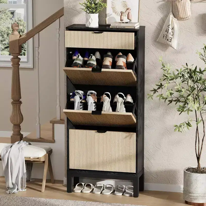 Farmhouse Fluted Shoe Storage Cabinet with 3 Flip Drawers, Slim Freestanding Narrow Shoe Organizer with Metal Legs