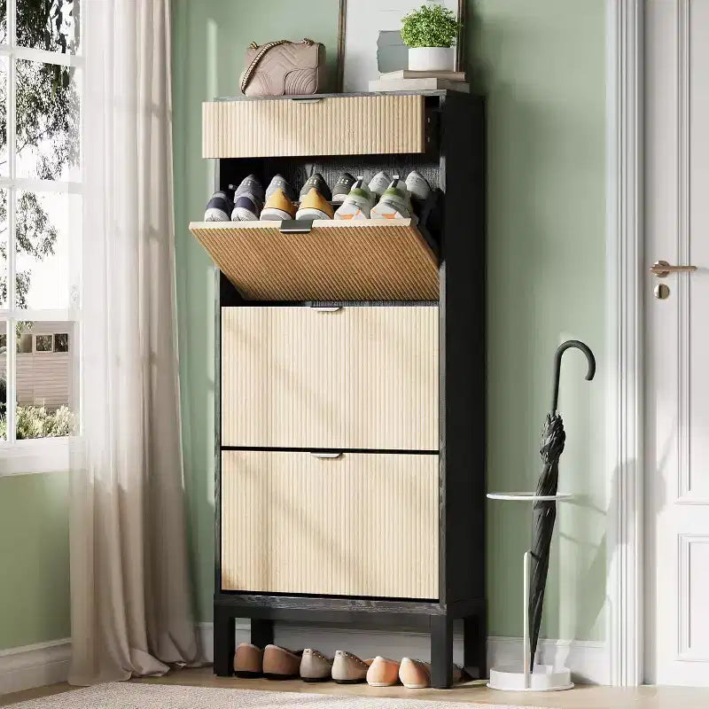 Farmhouse Fluted Shoe Storage Cabinet with 3 Flip Drawers, Slim Freestanding Narrow Shoe Organizer with Metal Legs