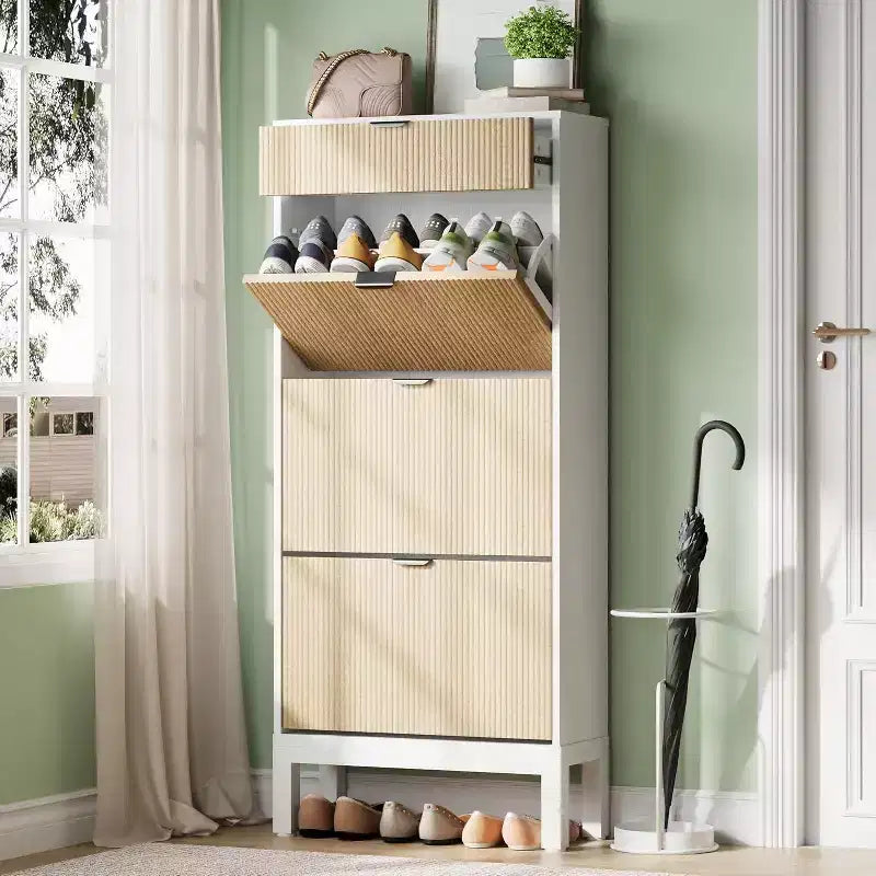 Armadietto portascarpe scanalato stile rustico con 3 cassetti a ribalta, scarpiera stretta e sottile indipendente con gambe in metallo