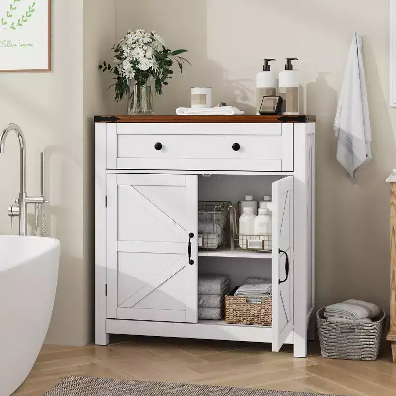 CLIHOME Farmhouse Storage Cabinet with Adjustable Shelf, White Kitchen Cabinet with Walnut Countertop, Modern Coffee Bar Console Cabinet