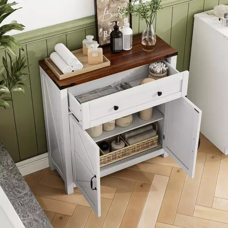 CLIHOME Farmhouse Storage Cabinet with Adjustable Shelf, White Kitchen Cabinet with Walnut Countertop, Modern Coffee Bar Console Cabinet