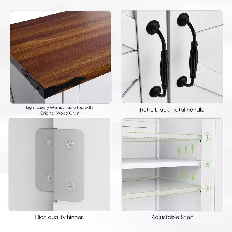 CLIHOME Farmhouse Storage Cabinet with Adjustable Shelf, White Kitchen Cabinet with Walnut Countertop, Modern Coffee Bar Console Cabinet