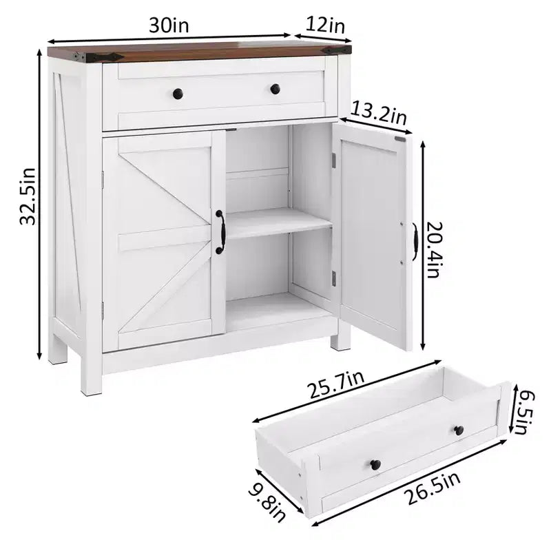 CLIHOME Farmhouse Storage Cabinet with Adjustable Shelf, White Kitchen Cabinet with Walnut Countertop, Modern Coffee Bar Console Cabinet