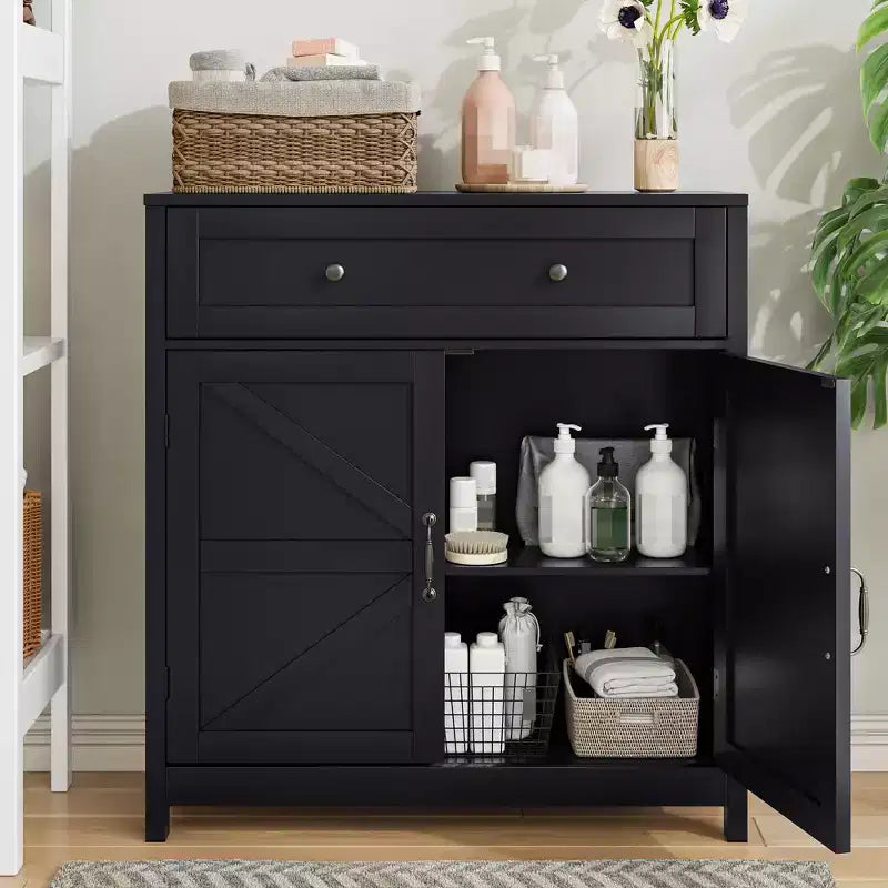 CLIHOME Farmhouse Storage Cabinet with Adjustable Shelf, White Kitchen Cabinet with Walnut Countertop, Modern Coffee Bar Console Cabinet