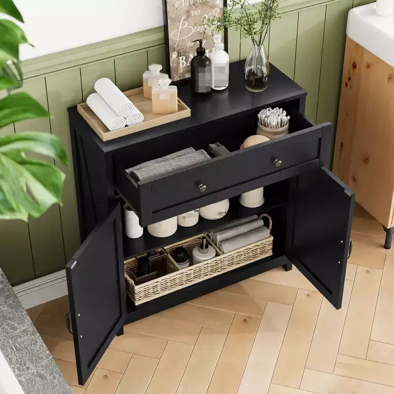 CLIHOME Farmhouse Storage Cabinet with Adjustable Shelf, White Kitchen Cabinet with Walnut Countertop, Modern Coffee Bar Console Cabinet