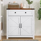 CLIHOME Farmhouse Storage Cabinet with Adjustable Shelf, White Kitchen Cabinet with Walnut Countertop, Modern Coffee Bar Console Cabinet