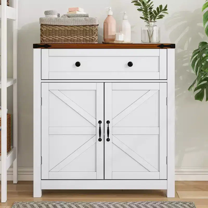CLIHOME Farmhouse Storage Cabinet with Adjustable Shelf, White Kitchen Cabinet with Walnut Countertop, Modern Coffee Bar Console Cabinet