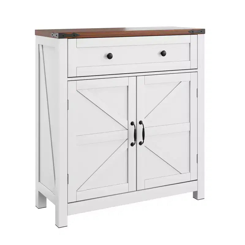 CLIHOME Mobile contenitore da fattoria con ripiano regolabile, mobile da cucina bianco con piano in noce, moderno mobile consolle da bar per caffè