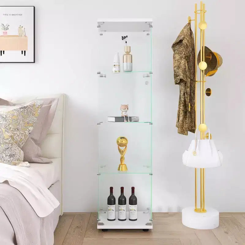 MAYEERTY Vetrina in Vetro con 4 Ripiani e Anta, Espositore a Colonna 164,3x42,4x36,3 cm per Soggiorno Camera da Letto Ufficio, Bianco