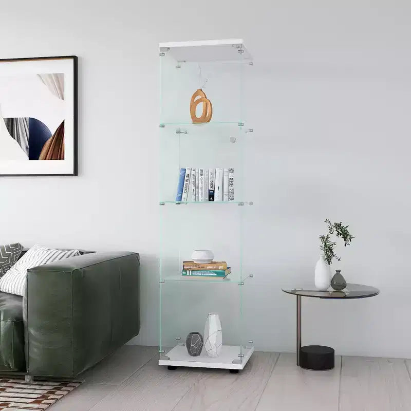 MAYEERTY Vetrina in Vetro con 4 Ripiani e Anta, Espositore a Colonna 164,3x42,4x36,3 cm per Soggiorno Camera da Letto Ufficio, Bianco