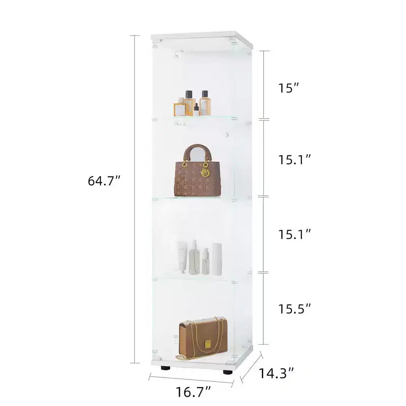 MAYEERTY Vetrina in Vetro con 4 Ripiani e Anta, Espositore a Colonna 164,3x42,4x36,3 cm per Soggiorno Camera da Letto Ufficio, Bianco