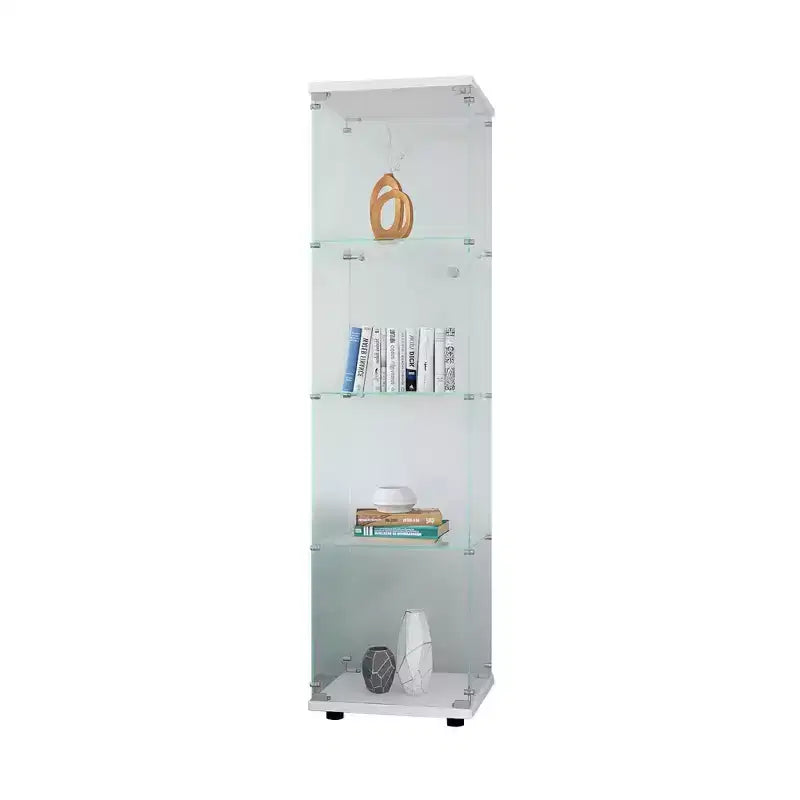 MAYEERTY Vetrina in Vetro con 4 Ripiani e Anta, Espositore a Colonna 164,3x42,4x36,3 cm per Soggiorno Camera da Letto Ufficio, Bianco