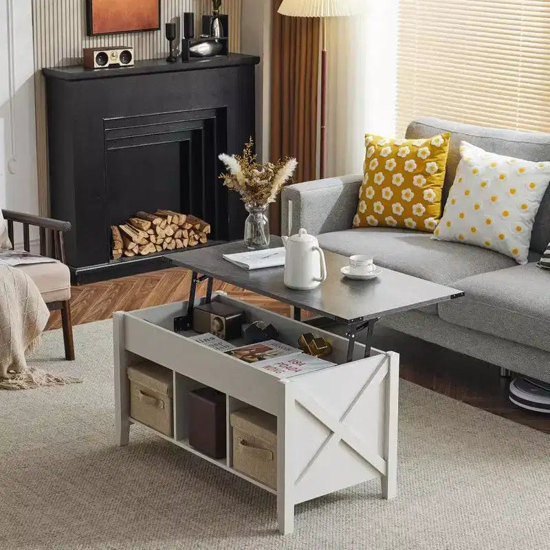 Extensible Lift Artificial Board Black, Gray, and White Color-Blocking Coffee Table
