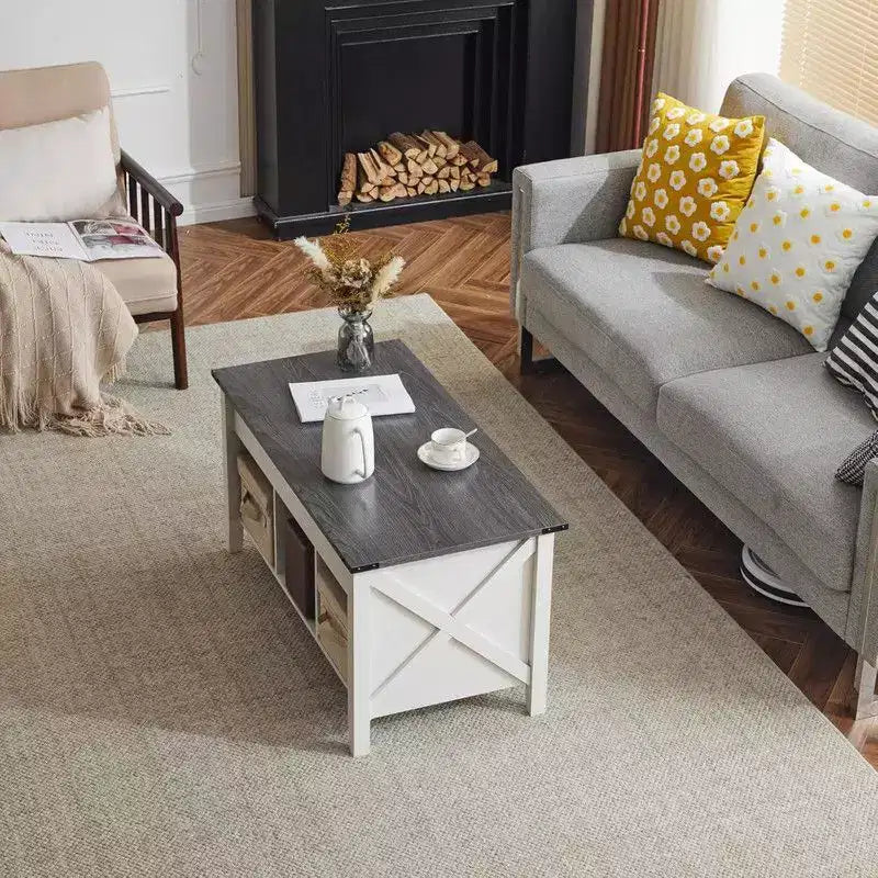 Extensible Lift Artificial Board Black, Gray, and White Color-Blocking Coffee Table