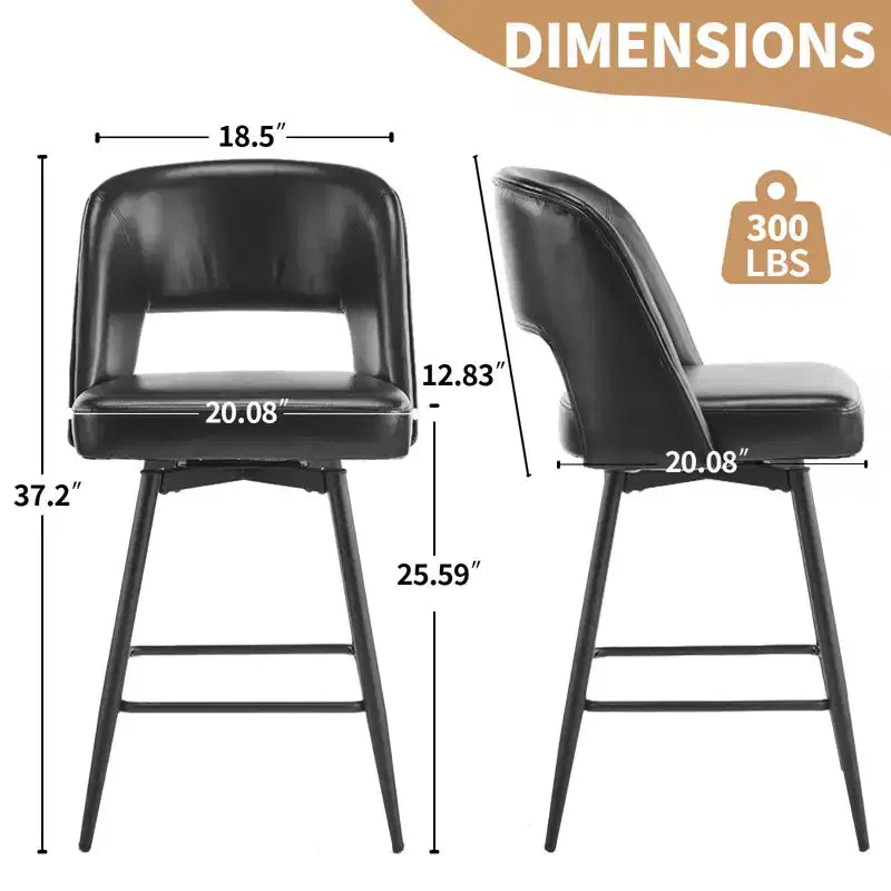 Karl Home Set Of 2 Brown PU Leather Bar Stools With Hollow Backrest, Iron Legs, Swivel