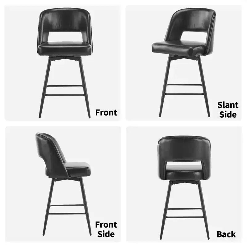 Karl Home Set Of 2 Brown PU Leather Bar Stools With Hollow Backrest, Iron Legs, Swivel