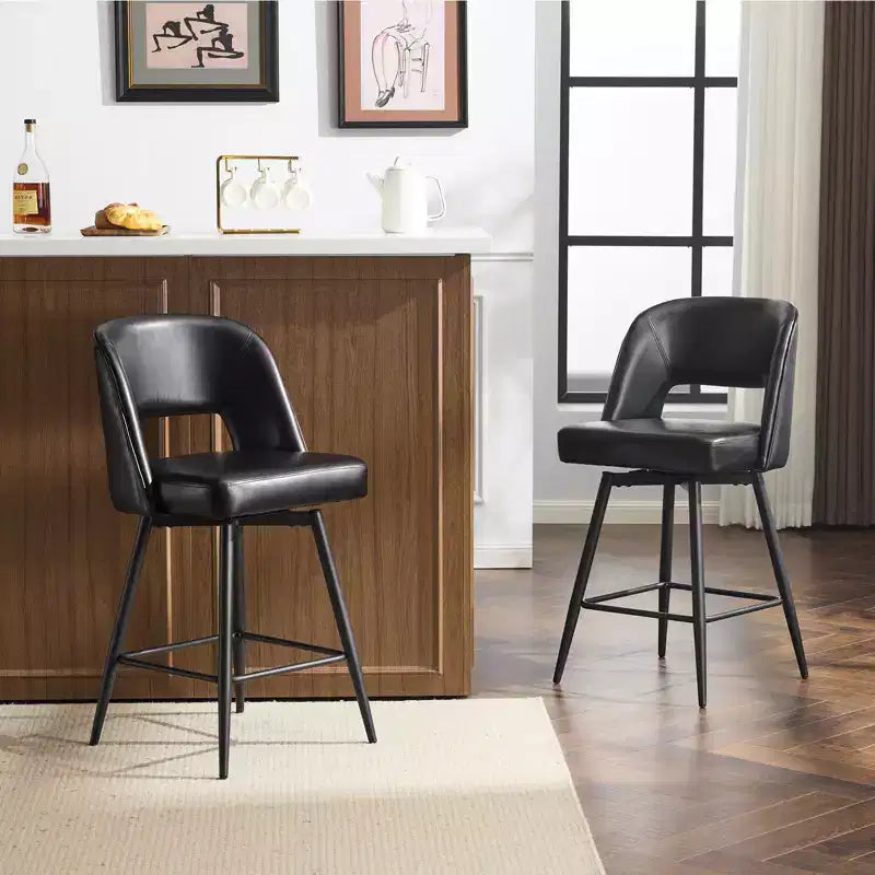 Karl Home Set Of 2 Brown PU Leather Bar Stools With Hollow Backrest, Iron Legs, Swivel