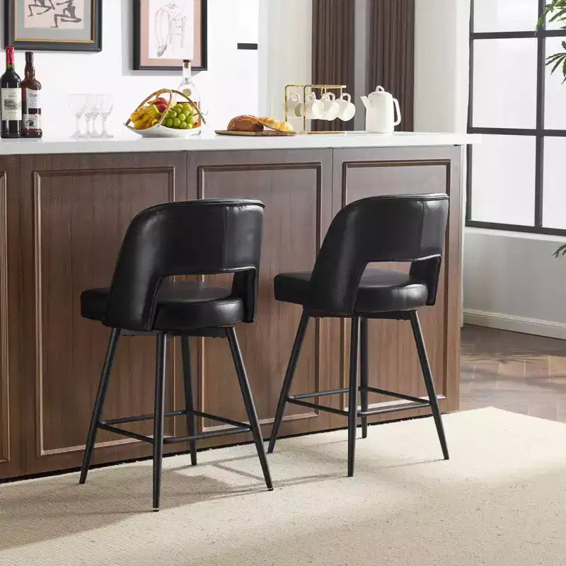 Karl Home Set Of 2 Brown PU Leather Bar Stools With Hollow Backrest, Iron Legs, Swivel
