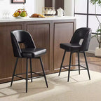 Karl Home Set Of 2 Brown PU Leather Bar Stools With Hollow Backrest, Iron Legs, Swivel