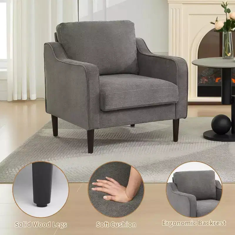 Poltrona d'accento Mid-Century Modern con schienale alto, poltrona imbottita in lino per soggiorno, camera da letto o studio, sedia da lettura compatta e confortevole