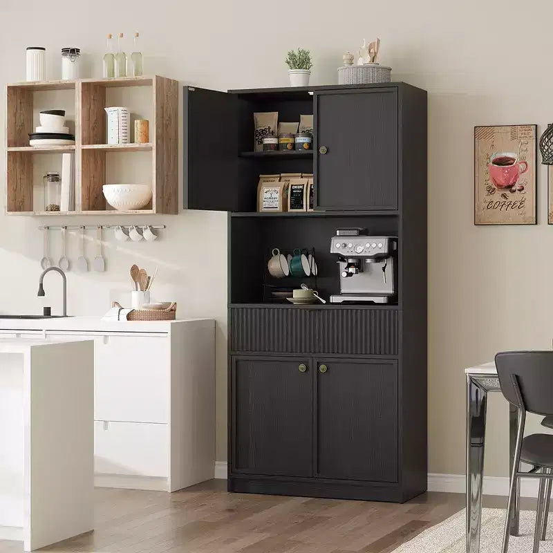 Tall Pantry Cabinet with Microwave Shelf & Drawer, 70 Kitchen Hutch Storage Cabinet with Doors, Fluted Freestanding Cupboard, for Dining Room