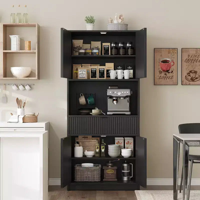 Tall Pantry Cabinet with Microwave Shelf & Drawer, 70 Kitchen Hutch Storage Cabinet with Doors, Fluted Freestanding Cupboard, for Dining Room