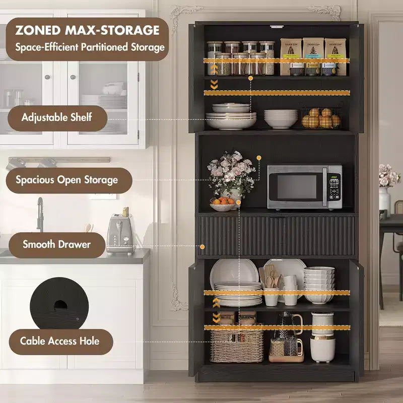Tall Pantry Cabinet with Microwave Shelf & Drawer, 70 Kitchen Hutch Storage Cabinet with Doors, Fluted Freestanding Cupboard, for Dining Room