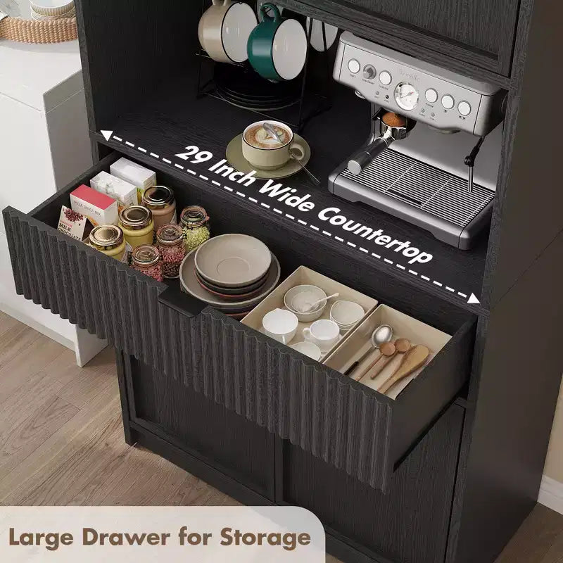 Tall Pantry Cabinet with Microwave Shelf & Drawer, 70 Kitchen Hutch Storage Cabinet with Doors, Fluted Freestanding Cupboard, for Dining Room
