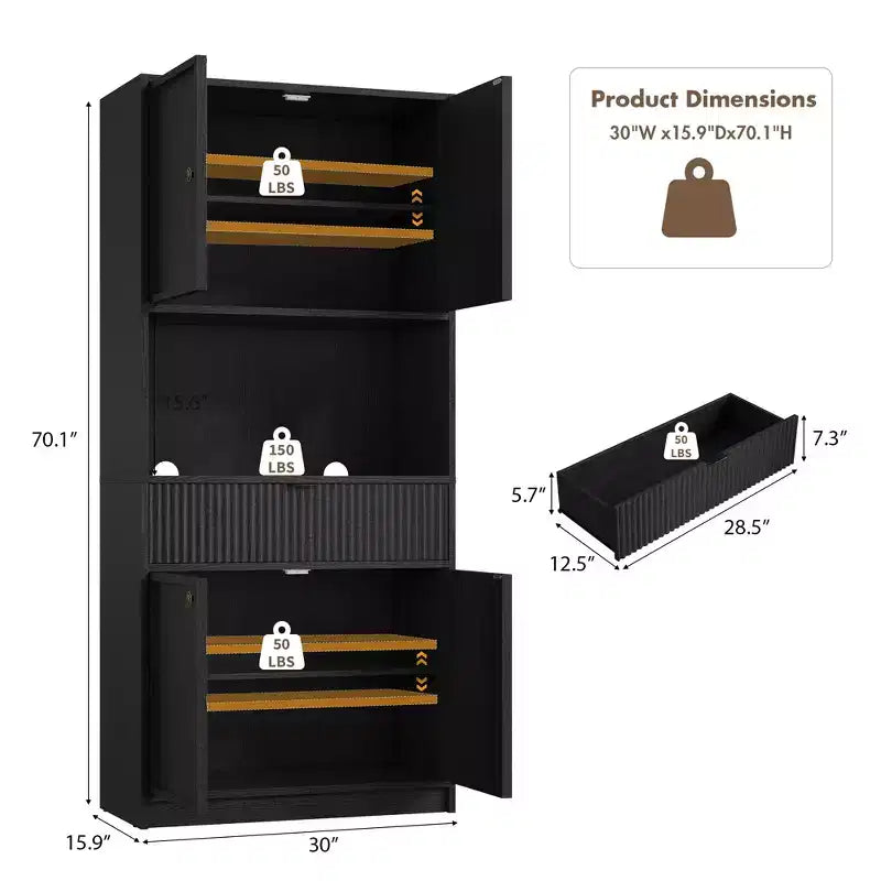 Tall Pantry Cabinet with Microwave Shelf & Drawer, 70 Kitchen Hutch Storage Cabinet with Doors, Fluted Freestanding Cupboard, for Dining Room