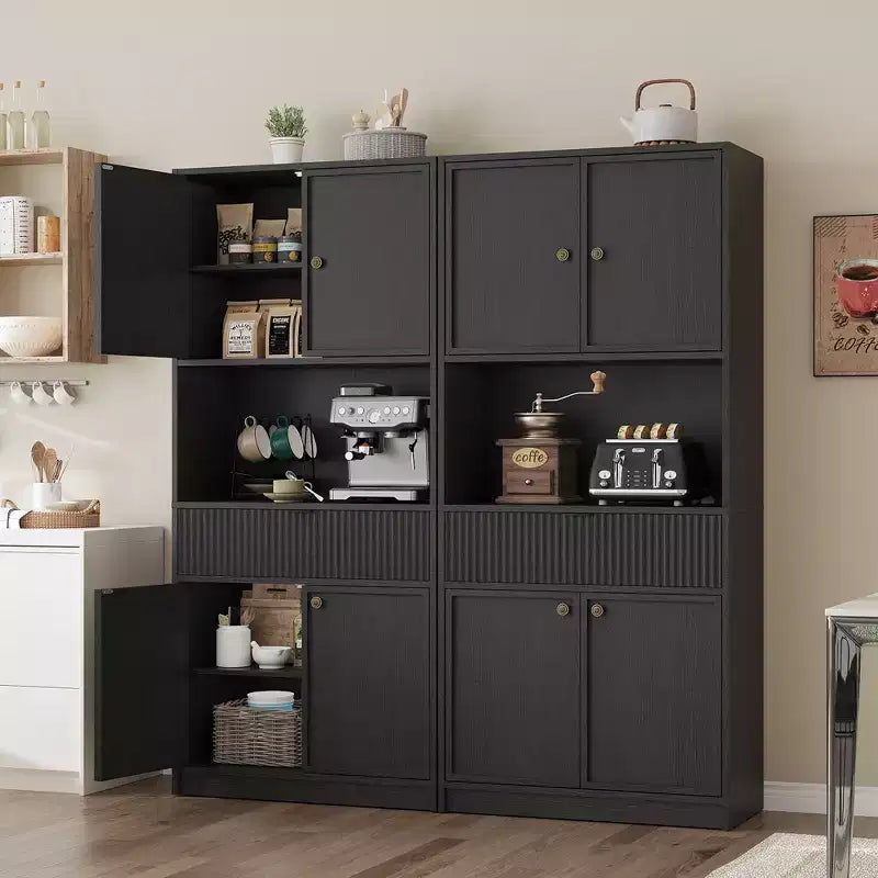 Tall Pantry Cabinet with Microwave Shelf & Drawer, 70 Kitchen Hutch Storage Cabinet with Doors, Fluted Freestanding Cupboard, for Dining Room