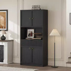 Tall Pantry Cabinet with Microwave Shelf & Drawer, 70 Kitchen Hutch Storage Cabinet with Doors, Fluted Freestanding Cupboard, for Dining Room