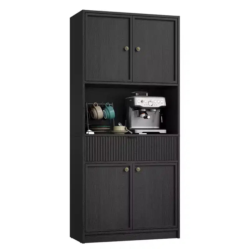 Tall Pantry Cabinet with Microwave Shelf & Drawer, 70 Kitchen Hutch Storage Cabinet with Doors, Fluted Freestanding Cupboard, for Dining Room