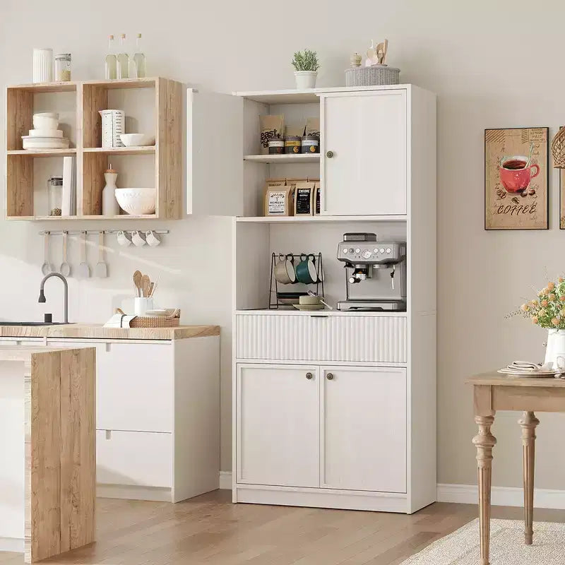 Tall Pantry Cabinet with Microwave Shelf & Drawer, 70 Kitchen Hutch Storage Cabinet with Doors, Fluted Freestanding Cupboard, for Dining Room