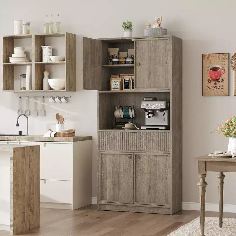 Tall Pantry Cabinet with Microwave Shelf & Drawer, 70 Kitchen Hutch Storage Cabinet with Doors, Fluted Freestanding Cupboard, for Dining Room