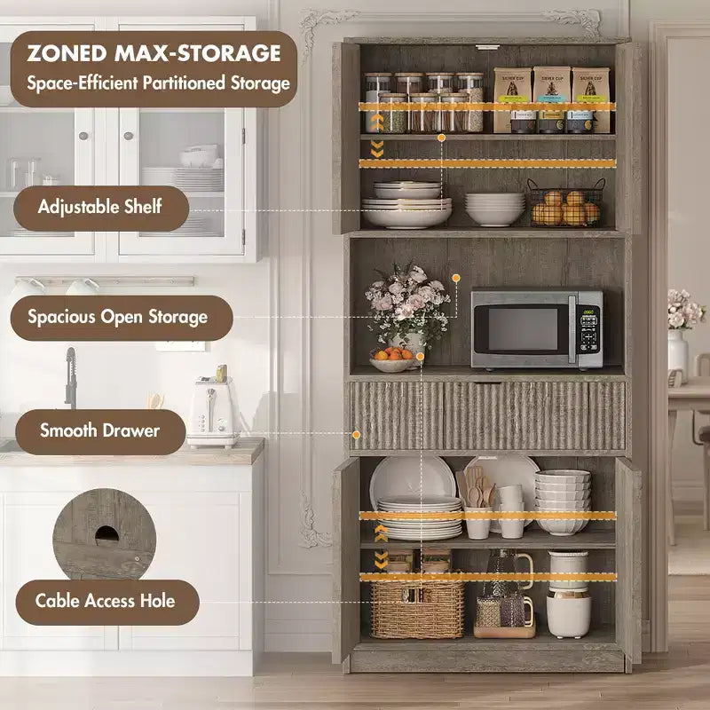 Tall Pantry Cabinet with Microwave Shelf & Drawer, 70 Kitchen Hutch Storage Cabinet with Doors, Fluted Freestanding Cupboard, for Dining Room